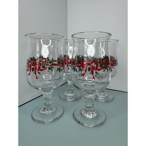 Vintage Libbey Holly Berries Wine Goblets w/Gold Rim Set of 4